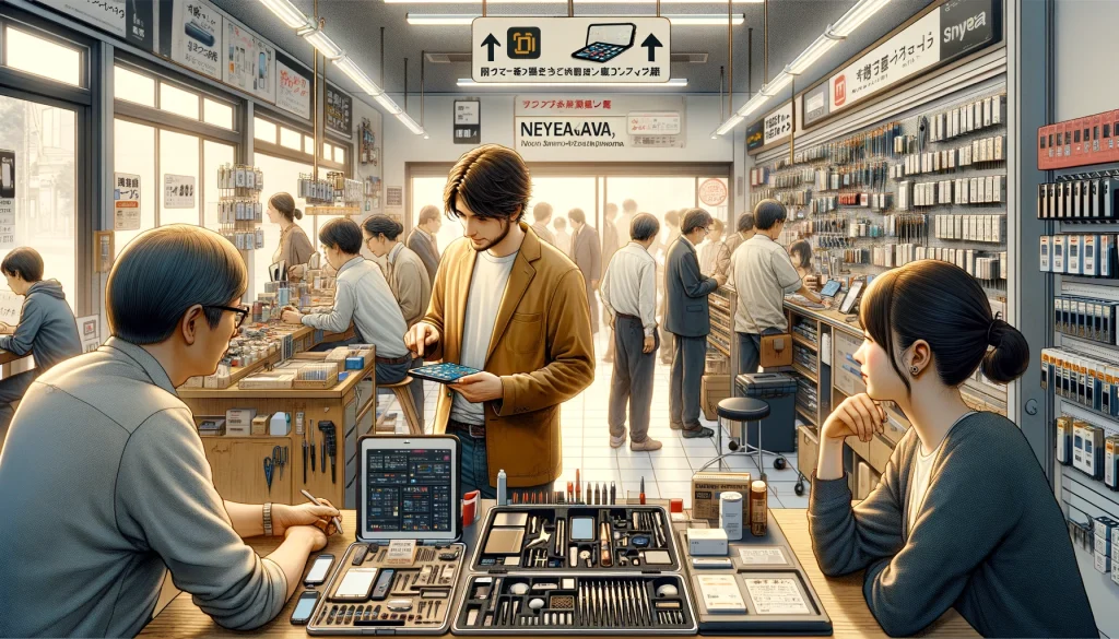 「日本の寝屋川市にある活気ある携帯電話修理店の内部。スタッフが顧客と相談しており、携帯電話の画面を指している。店内は様々な携帯電話アクセサリーと修理ツールで満たされている。」